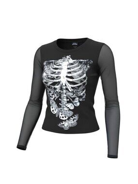 Social Collision Rib Cage Moth Mesh Sleeve Top Size S Iridescent  Goth